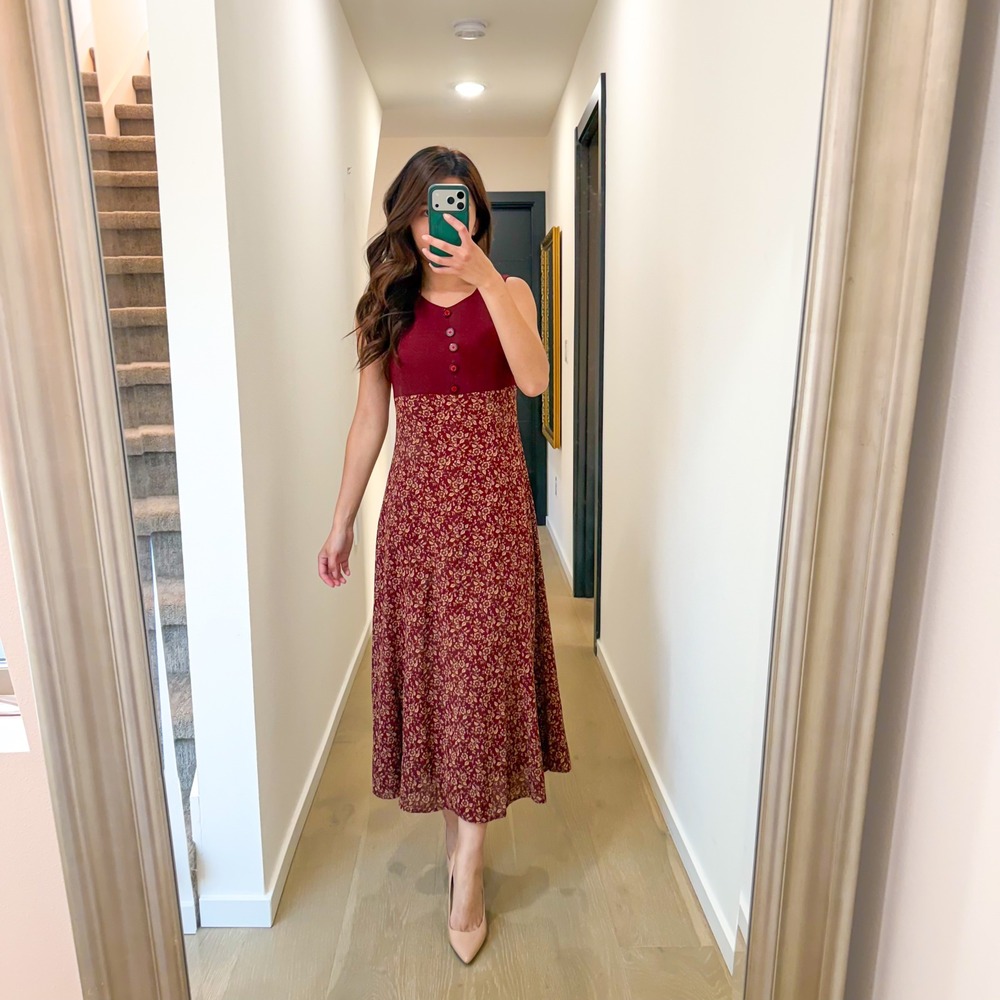 Vintage 90s Retro Mod Fall Academia Floral Burgundy Red Maxi Dress S